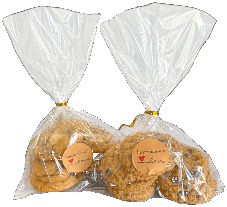 Bags of handmade cookies tied with ribbon